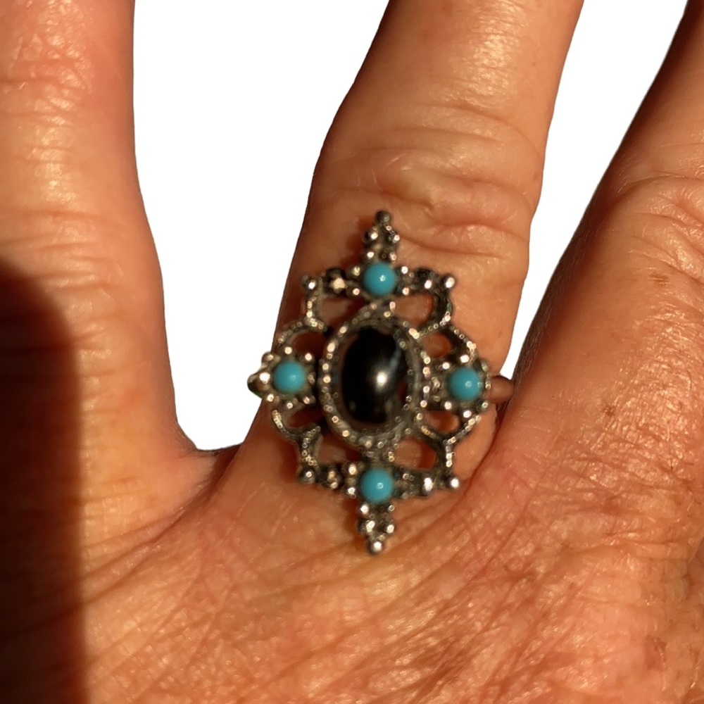 Avon Mirabella Ring Silver Filigree Glass Hematite Turquoise Glass Points